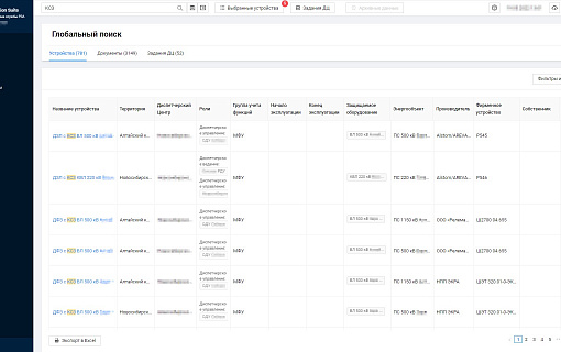 Контекстный поиск устройств РЗА с возможностью выгрузки в документ